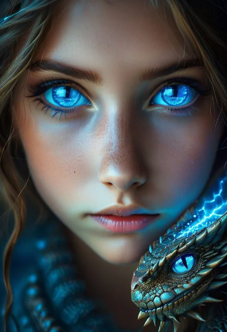cute girl with blue electrical bright dragon eyes , intense gaze,