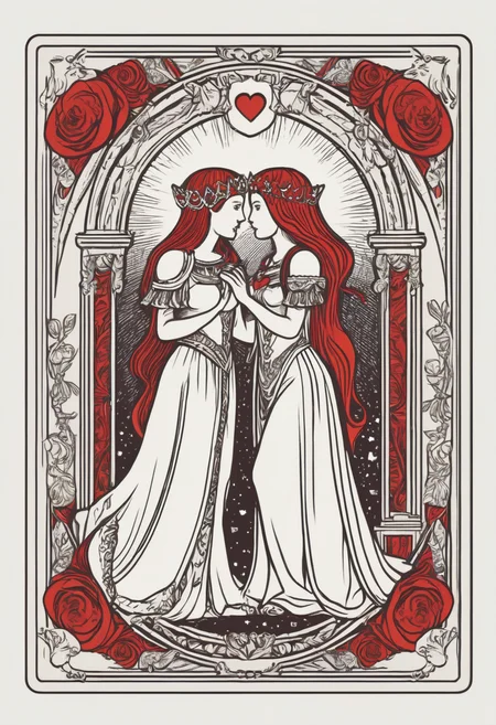 tarot card, the lovers, front perspective, flat, frame, square, white (outline:1.1)