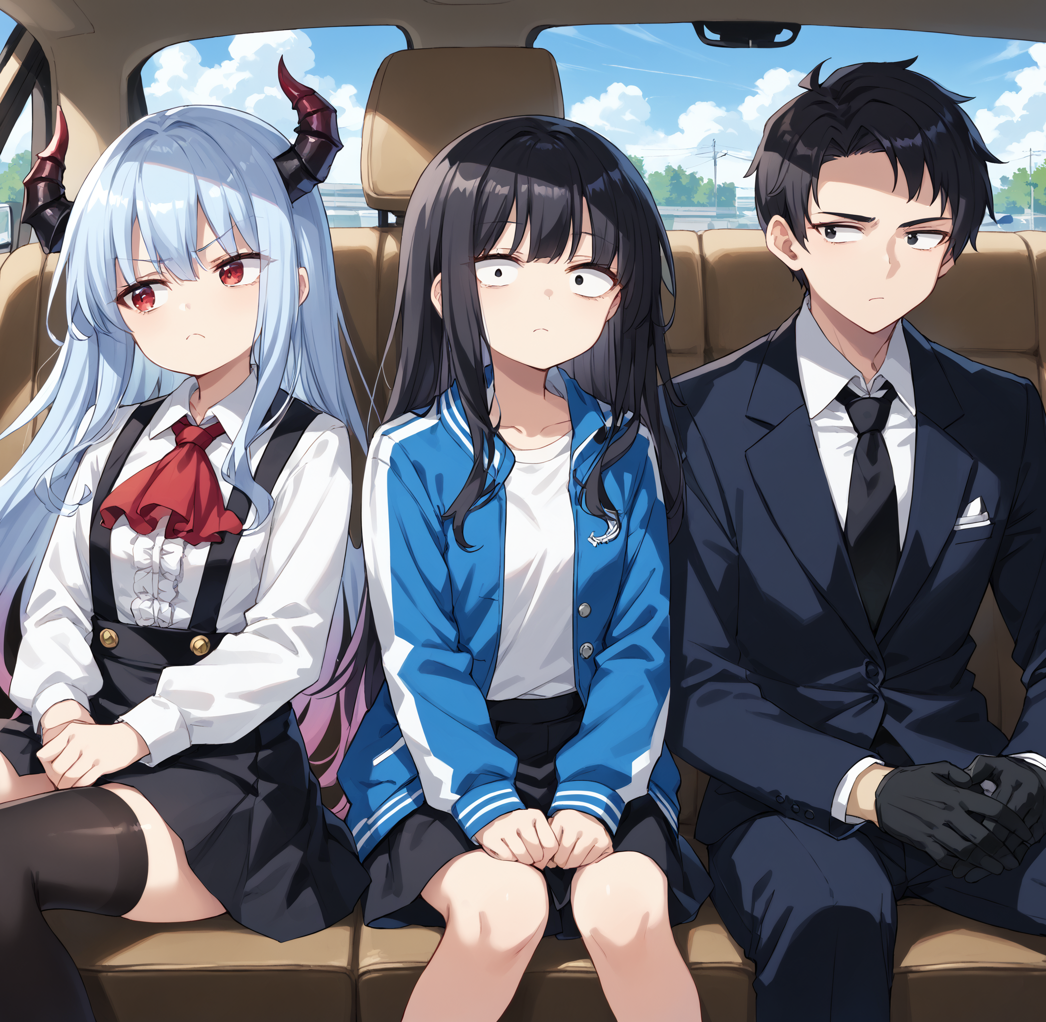 score_9, score_8_up, score_7_up, source_anime, 2girls, 1boy, sitting car seat, cramped together, facing viewer,
<lora:ArcoV2_r1:0.45> 2girls, Arco, long hair, gradient hair, white hair, lilac hair, red eyes, hair between eyes, bangs, (horns:1.2), red ascot, white shirt, black suspenders, black short skirt, black thighhighs, annoyed, looking sideways,
<lora:MarukoV2:0.45> 2girls, MarcoBad, dot eyes, black hair, long hair, straight hair, black eyes, constricted pupils, blue jacket, open jacket, white shirt, black short skirt, expressionless,
<lora:Roland_Library_Of_Ruina:0.8> 1boy, RolandLOR, short hair, black hair, black eyes, black formal suit, (black gloves), expressionless, looking sideways,