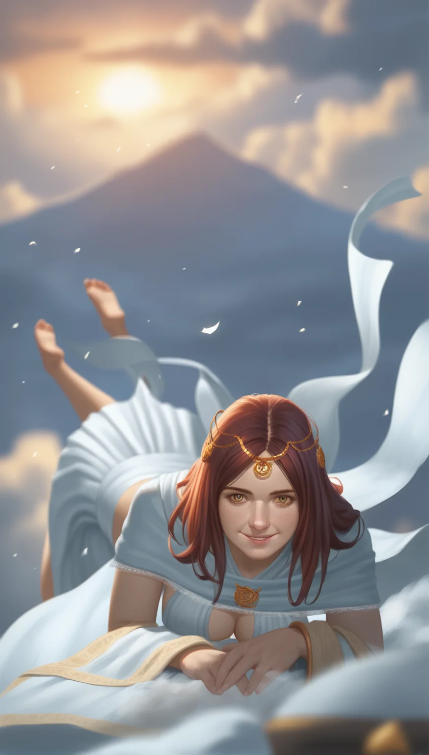 score_9,score_8_up,score_7_up,
<lora:Gwynevere:0.9>,
highres,photorealism,bloom,
dsgwynevere,
1girl,solo,tall female,
brown red hair,long hair,parted bangs,bouncing hair,
yellow eyes,looking at viewer,smile,parted lips,
gold headpiece with a central gemstone,white wrap top,white short cape,wsheer skirt,
barefoot,
floating in air,leaning forward,face focus,reaching out,bottom up,
blurry background,vignetting,
outdoors,sun,cloud,sky,wind,
light particles,glowing,