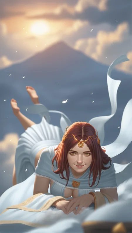 score_9,score_8_up,score_7_up,
<lora:Gwynevere:0.9>,
highres,photorealism,bloom,
dsgwynevere,
1girl,solo,tall female,
brown red hair,long hair,parted bangs,bouncing hair,
yellow eyes,looking at viewer,smile,parted lips,
gold headpiece with a central gemstone,white wrap top,white short cape,wsheer skirt, 
barefoot,
floating in air,leaning forward,face focus,reaching out,bottom up,
blurry background,vignetting,
outdoors,sun,cloud,sky,wind,
light particles,glowing,
