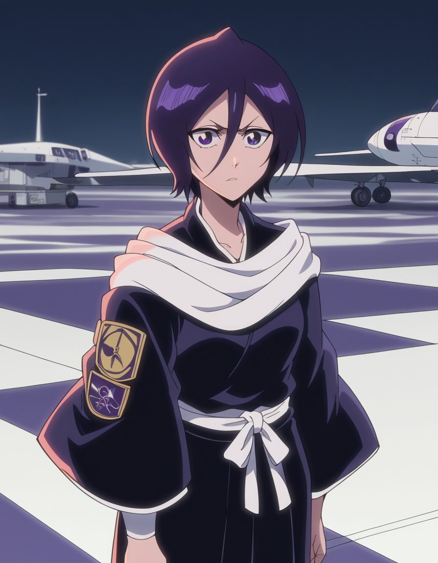 score_9, score_8_up, score_7_up, source_anime, <lora:rukia-kuchiki-tybw-ponyxl-lora-nochekaiser:1>, rukia kuchiki, black hair, hair between eyes, purple eyes, short hair, medium breasts, anime screencap, japanese clothes, kimono, hakama, black kimono, long sleeves, wide sleeves,, airport, planes, passengers, terminal, security, , v,, looking at viewer, solo,, cowboy shot, solo