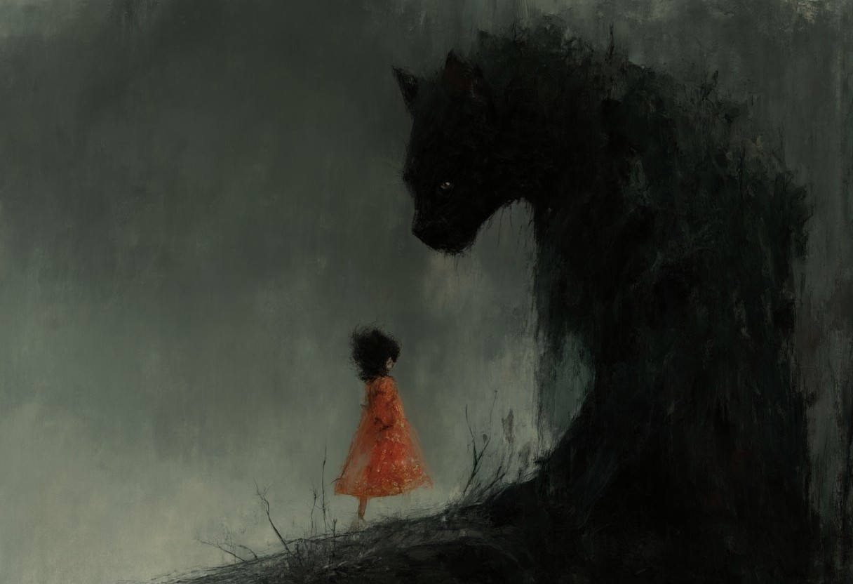 A surreal fantasy digital painting features a large black cat with striking yellow eyes as the focal point. Textured brushstrokes render its fur with depth. The cat sits low, its slightly tilted ears conveying curiosity. Before it stands a small, pale silhouette of a girl in a bright red kimono with intricate gold patterns. The flowing kimono adds movement as she reaches towards the cat. A minimalistic gradient background of dark to light gray creates depth without distraction. The overall mood is serene yet eerie, with the towering cat staring sternly, establishing a dynamic and slightly intimidating relationship. Rich textures emphasize the cat's soft fur and the kimono's smooth fabric. The color palette is dominated by cool tones, highlighted by the vibrant red dress.