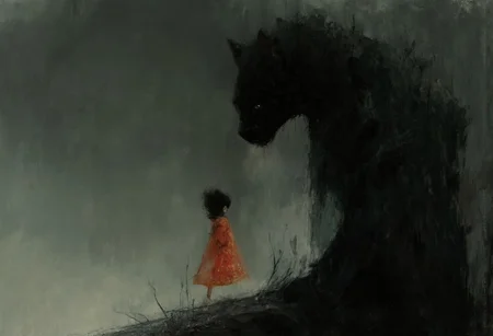 A surreal fantasy digital painting features a large black cat with striking yellow eyes as the focal point. Textured brushstrokes render its fur with depth. The cat sits low, its slightly tilted ears conveying curiosity. Before it stands a small, pale silhouette of a girl in a bright red kimono with intricate gold patterns. The flowing kimono adds movement as she reaches towards the cat. A minimalistic gradient background of dark to light gray creates depth without distraction. The overall mood is serene yet eerie, with the towering cat staring sternly, establishing a dynamic and slightly intimidating relationship. Rich textures emphasize the cat's soft fur and the kimono's smooth fabric. The color palette is dominated by cool tones, highlighted by the vibrant red dress.