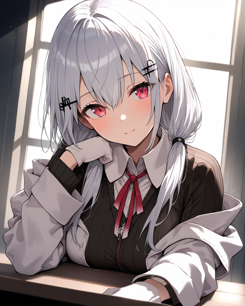 1girl,
HakaseFuyukiNijisanji,
safe, solo, dynamic angle, upper body,
hairclip,
beautiful eyes,
looking at viewer, head tilt, light smile,
white jacket, off shoulder,
white gloves, 
black sweater, collared shirt,
neck ribbon,
soft lighting,
depth of field,
<lora:kp_HakaseFuyukiNijisanji1stCostumeAnimagineXL_v1_1:1.0>,
masterpiece, high score, great score, absurdres