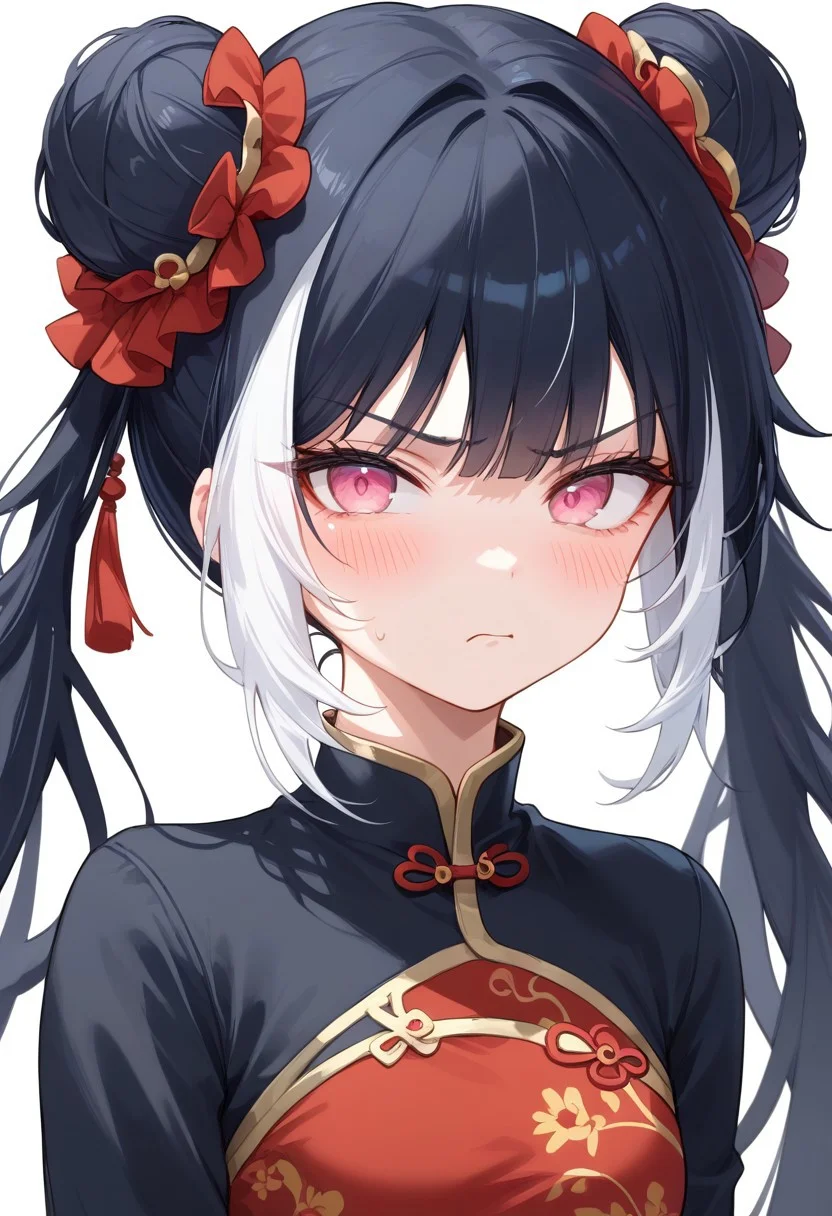 Expressiveh, score_9, score_8_up, score_7_up, 1 girl, solo, JiaXichunLimbus, long hair, twintails, multicolored hair, black hair, white hair, double bun, pink eyes, chinese clothes, black clothes, china dress, tsundere, blush, close up, looking at viewer