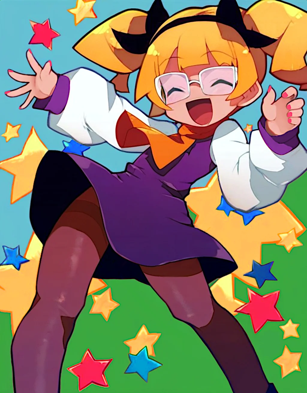 ojou-sama_pose, hand_up, laughing, glasses, blonde twintails, mjm anime, 1girl madelyn, violet dress, sleeves, ascot, pantyhose, cute, mesugaki