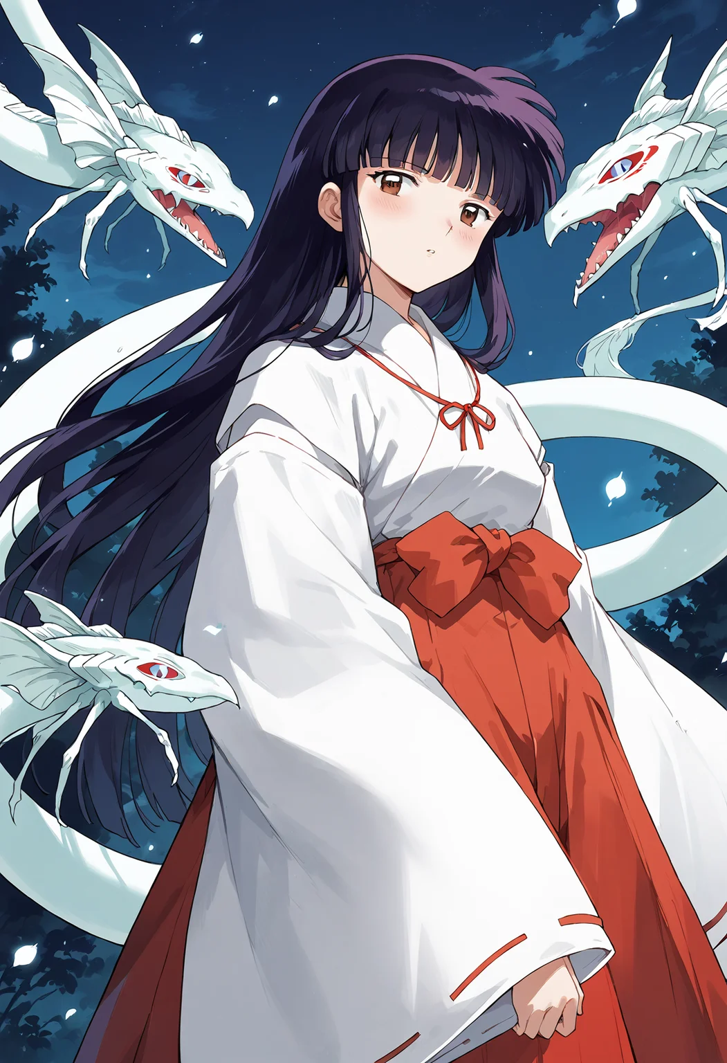 score_9, score_8_up, score_7_up, , score_ANIME, <lora:kikyo_inuyasha_pony:1>kikyoinu, miko, 1girl, japanese clothes, solo, , black hair, red hakama, brown eyes, wide sleeves, hair ribbon,very long hair, blunt bangs, sidelocks, long sleeves, standing, , sinidama, white dragon, looking at viewer, hime cut, night sky,