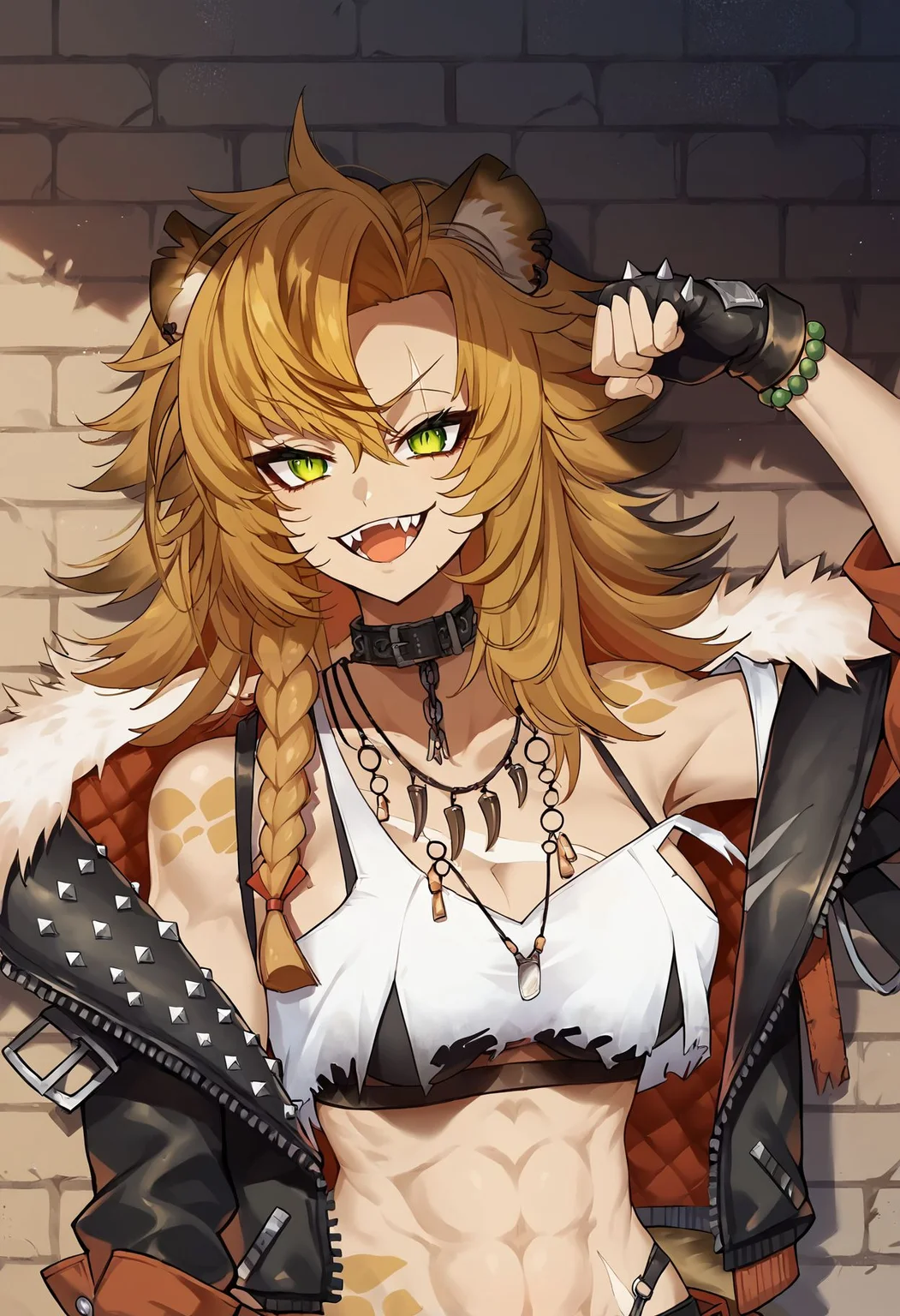 score_9, score_8_up, score_7_up, night, dark, side lighting, shadow
1girl, upper body, outdoors, wall, graffiti, looking at viewer, open mouth, :d, flexing, hand up, smug
<lora:yena-youngblood:1>
yenayoungblood
long hair, single braid, swept bangs
collar, necklace
white tank top, torn clothes, black bra, bra visible through clothes, strap slip, midriff
fur collar, open jacket
fingerless gloves, bead bracelet, hyena tail