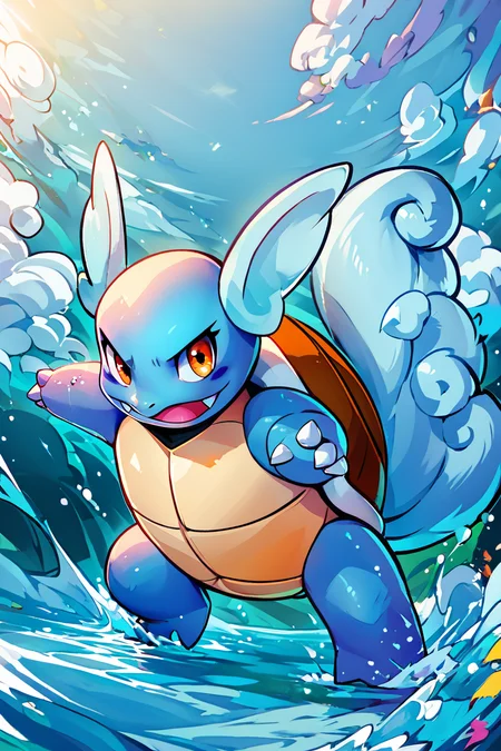 score_9, score_8_up, score_8, <lora:WartortlePokedexPDXL:1.0>, zzWartortle, no humans, fierce expression, standing on a rocky shore, crashing waves, glowing blue aura, water splashing everywhere, stormy sky background, dynamic pose, intense atmosphere, detailed shell and fins, looking at viewer, embedding:zPDXL, <lora:SDXLFaeTastic2400:0.5>, <lora:CatalystStylePDXL:0.6>,