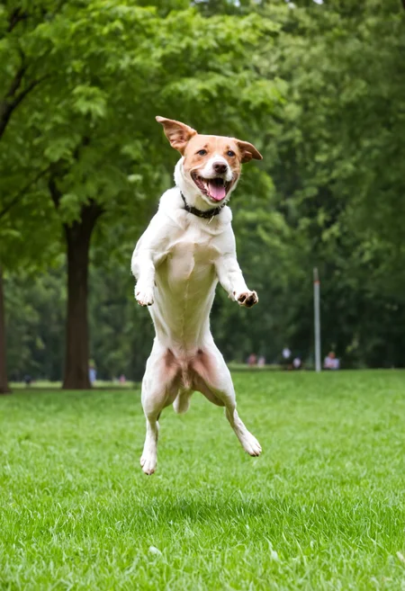 photo of a dog jumping up to catch a frisbee in a park, happy expression, soft natural light, motion blurr, shaky, slightly blurry <lora:mobile:0.8>