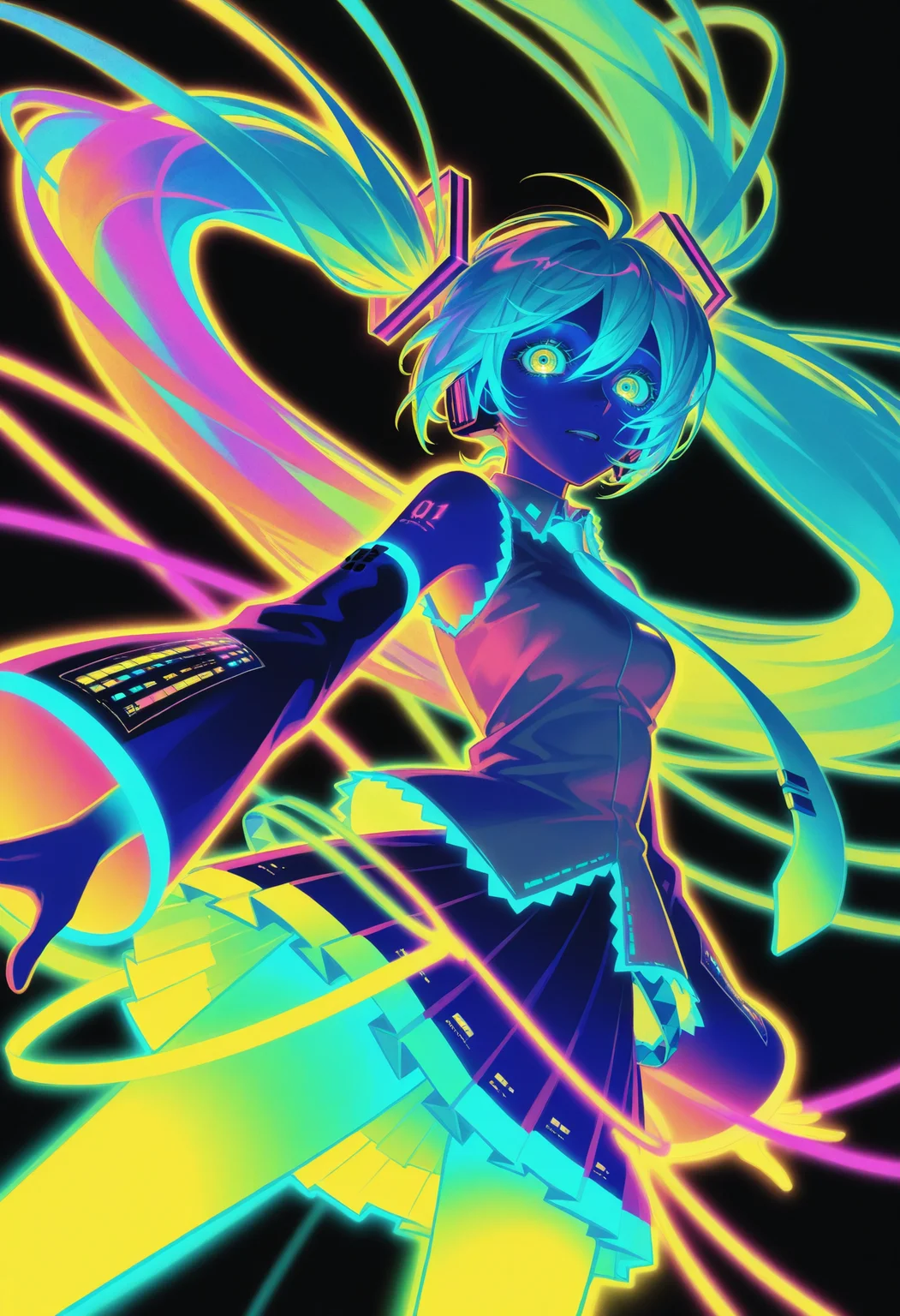 Hatsune Miku,limited palette,black background,colorful,vibrant,glowing outline,neon,blacklight