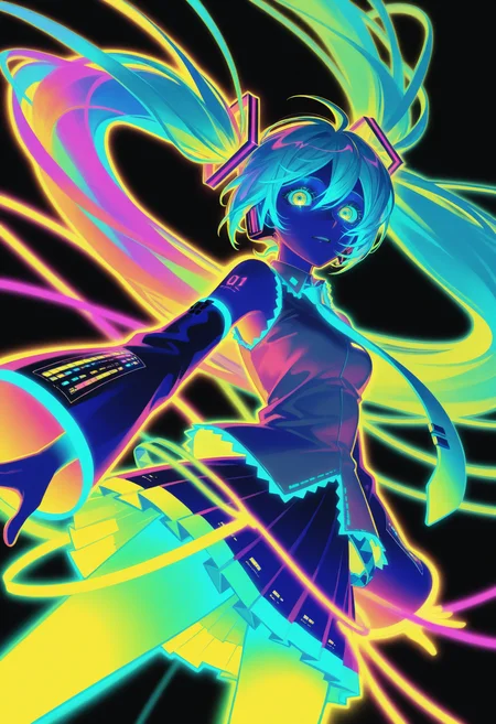 Hatsune Miku,limited palette,black background,colorful,vibrant,glowing outline,neon,blacklight