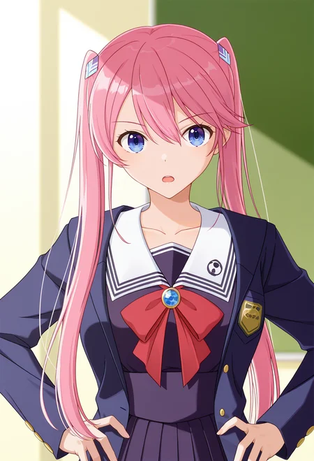<lora:OUKA SHIUNJI_illustrious-000046:1>,
OUKA SHIUNJI,school uniform,twintails,open mouth,hair ornament,upper body,collarbone,hands on own hips,jacket,1girl,solo