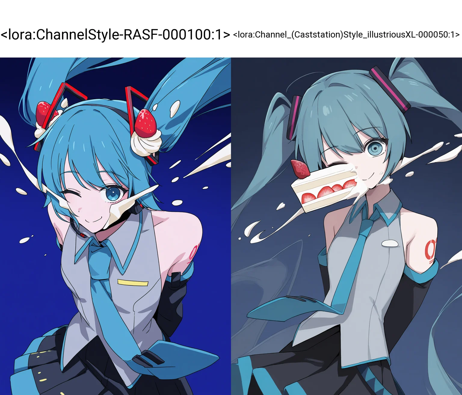channelstyle,dark theme,dark blue background,
channelstyle, 1girl, hatsune miku, solo, in the face, blue background, strawberry, twintails, one eye closed, food, necktie, long hair, detached sleeves, fruit, skirt, grey shirt, shirt, arms behind back, sleeveless shirt, sleeveless, floating hair, hair ornament, simple background, bare shoulders, smile, tattoo, blue eyes, number tattoo, cream, black skirt, blue hair, food-themed hair ornament, blue necktie, cake, headphones, looking at viewer, pleated skirt, collared shirt
<lora:ChannelStyle-RASF-000100:1>channel \(caststation\)