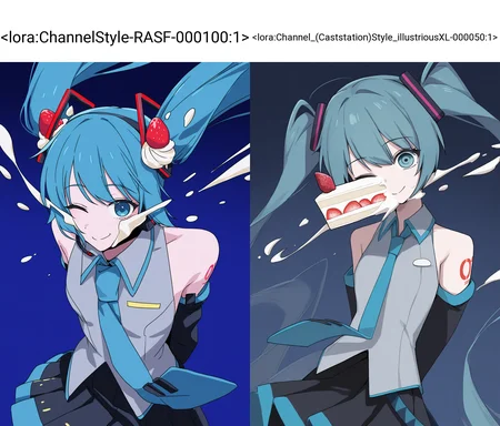 channelstyle,dark theme,dark blue background,
channelstyle, 1girl, hatsune miku, solo, in the face, blue background, strawberry, twintails, one eye closed, food, necktie, long hair, detached sleeves, fruit, skirt, grey shirt, shirt, arms behind back, sleeveless shirt, sleeveless, floating hair, hair ornament, simple background, bare shoulders, smile, tattoo, blue eyes, number tattoo, cream, black skirt, blue hair, food-themed hair ornament, blue necktie, cake, headphones, looking at viewer, pleated skirt, collared shirt
<lora:ChannelStyle-RASF-000100:1>channel \(caststation\)
