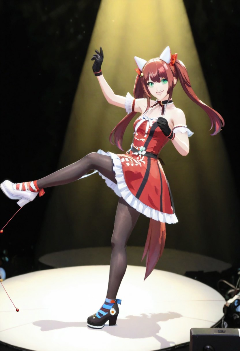 shobufuku, 1girl, solo, long hair, looking at viewer, smile, bangs, gloves, dress, animal ears, hair between eyes, bare shoulders, twintails, green eyes, tail, full body, pantyhose, red hair, black gloves, black pantyhose, red dress, brown gloves, dancing, red spotlight, black footwear, white footwear, mismatch footwear, dynamic pose, 
Win Variation-ponyXL_V1,(on ,Straw thread, leaf of strawberry)