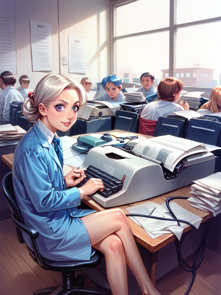 score_9, score_8_up, score_7_up, source_anime, BREAK

a busy office building for a newspaper in the 1950s,

Young reporters throughout the office,

electric typewriter, (typing:1.2), cable, papers, Crossed Legs, desks, people