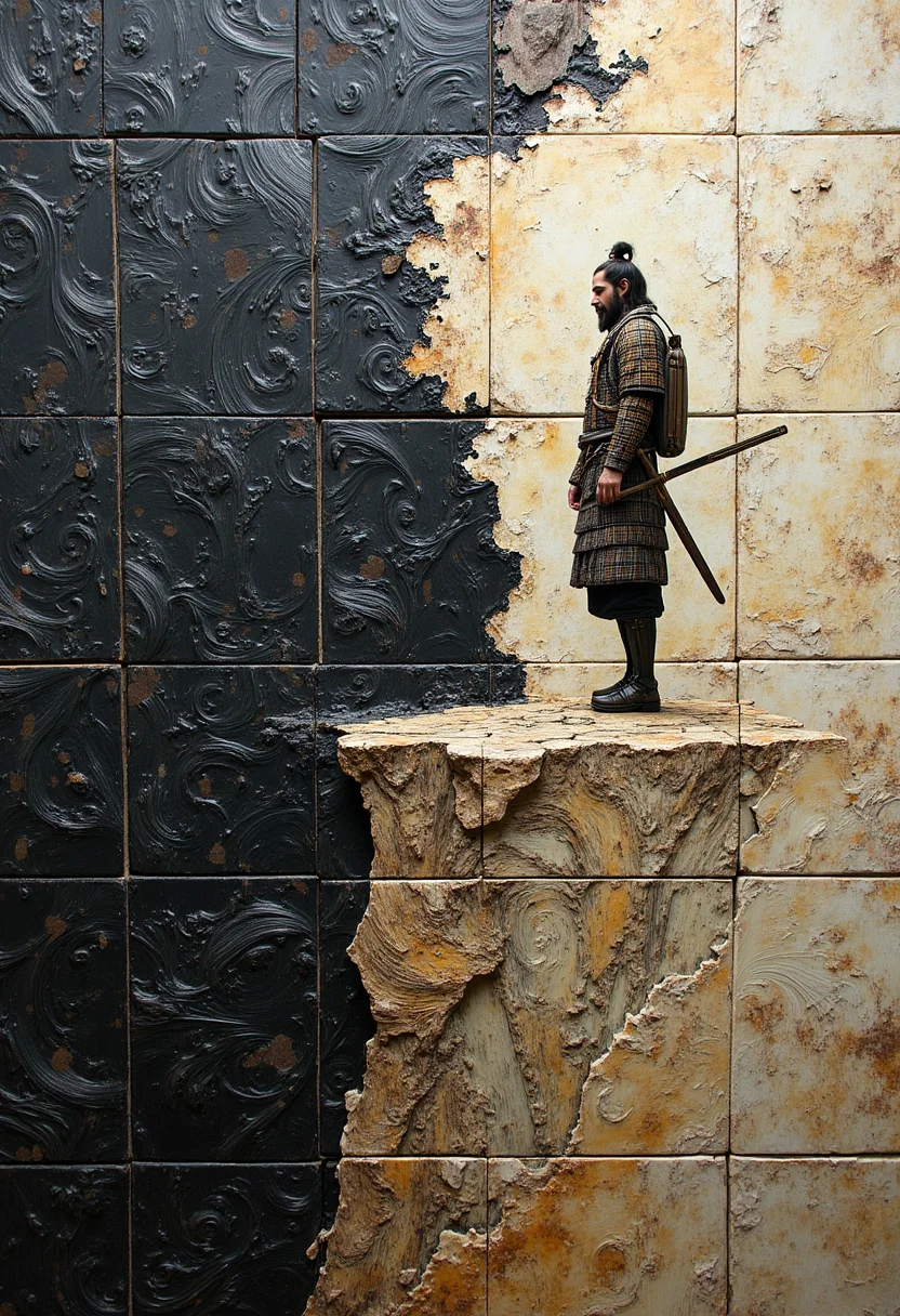 Imagine a breathtaking masterpiece that blends elements from both Gustave Doré's intricate and dramatic illustrations and Jackson Pollock’s dynamic, abstract expressionist paintings. In this stunning composition, we see a lone ronin (a wandering samurai) standing at the edge of a cliff or a desolate landscape.On the right side of the ronin, where his body would be if seen in full, there are interlocking tiles, each piece meticulously carved and arranged to suggest movement and tension. The tiles have a rough texture, adding depth and a tactile quality that contrasts with the fluidity on the left side.On the left side of the main object, the original material is preserved, showing an ancient, weathered armor or clothing that has been worn thin by years of hardship. This side retains its natural patina and wear, giving it a sense of history and resilience.Gustave Doré’s influence can be seen in the dramatic lighting, which casts long shadows and highlights the ronin's determined posture. The background is filled with swirling lines and shapes characteristic of Jackson Pollock’s style, suggesting turbulent emotions or the chaos of a tumultuous world.The tiles on the right side intermingle with the left side's original material, creating a seamless yet complex juxtaposition that symbolizes the blend of tradition and modernity, reality and abstraction. The overall effect is a harmonious yet striking fusion, evoking a powerful narrative of struggle, resilience, and artistic innovation. aidmaMJ6.1.