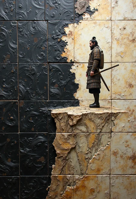 Imagine a breathtaking masterpiece that blends elements from both Gustave Doré's intricate and dramatic illustrations and Jackson Pollock’s dynamic, abstract expressionist paintings. In this stunning composition, we see a lone ronin (a wandering samurai) standing at the edge of a cliff or a desolate landscape.On the right side of the ronin, where his body would be if seen in full, there are interlocking tiles, each piece meticulously carved and arranged to suggest movement and tension. The tiles have a rough texture, adding depth and a tactile quality that contrasts with the fluidity on the left side.On the left side of the main object, the original material is preserved, showing an ancient, weathered armor or clothing that has been worn thin by years of hardship. This side retains its natural patina and wear, giving it a sense of history and resilience.Gustave Doré’s influence can be seen in the dramatic lighting, which casts long shadows and highlights the ronin's determined posture. The background is filled with swirling lines and shapes characteristic of Jackson Pollock’s style, suggesting turbulent emotions or the chaos of a tumultuous world.The tiles on the right side intermingle with the left side's original material, creating a seamless yet complex juxtaposition that symbolizes the blend of tradition and modernity, reality and abstraction. The overall effect is a harmonious yet striking fusion, evoking a powerful narrative of struggle, resilience, and artistic innovation. aidmaMJ6.1.