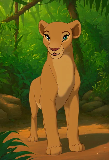 zPDXL, score_9_up, score_8_up,_7_up, score_6_up, score_5_up, score_4_up ,source_furry, best quality, amazing quality, masterpiece, 1girl, looking at viewer, solo, (standing on hind legs, four fingers, animal focus, pawpads:1.2), cute, blush, cute smile, cute pose, close, out doors, savanna, jungle, leafs, water, nala, lioness, brown-cream fur, teal eyes, lion tail, <lora:Nala:1>, Expressiveh, good_hands, <lora:Expressive_H:0.8>, <lora:Detail_Slider_v1.4_iteration_3:4>, <lora:pony_good_hands:0.8>