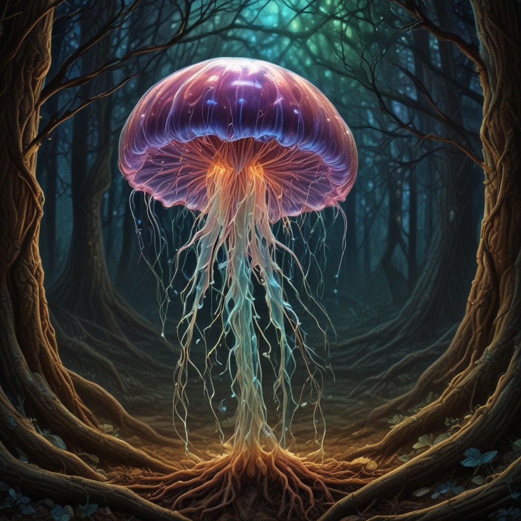 holographic translucent biolumiscent jellyfish on forest ground,alcohol ink and fluid thick oil,hyperrealistic,perfect mixed styles with amazing depth,iridescent complementary colors,dramatic flickering back light,surreal hypercreative masterwork by head of prompt engineering
