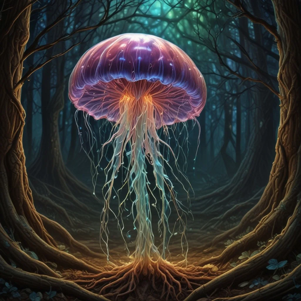 holographic translucent biolumiscent jellyfish on forest ground,alcohol ink and fluid thick oil,hyperrealistic,perfect mixed styles with amazing depth,iridescent complementary colors,dramatic flickering back light,surreal hypercreative masterwork by head of prompt engineering
