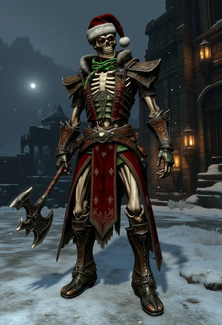 A fearsome Draugr from Skyrim, clad in intricately designed Christmas attire, stands in an imposing yet festive pose. Its ancient, desiccated form is fully covered by a regal red and green velvet ensemble, including a long, fur-trimmed cape that flows dramatically behind it. The outfit is richly detailed, with golden embroidery depicting snowflakes, holly, and Nordic runes glowing faintly with magical energy.
The Draugr’s chest is adorned with a festive tunic layered under a leather belt studded with polished silver ornaments, and its shoulders are protected by ornate pauldrons shaped like stylized reindeer antlers. Around its neck rests a glowing green scarf that appears enchanted, shimmering with a soft, otherworldly light. Atop its skeletal head sits a festive Nordic-style Santa hat, its trim lined with soft fur.
The background depicts a snow-draped ancient ruin illuminated by glowing lanterns and enchanted Christmas lights, with snowflakes falling gently. The Draugr wields a candy-cane-striped battle axe, radiating both menace and holiday cheer, blending the eerie essence of Skyrim’s undead with the magic of Christmas