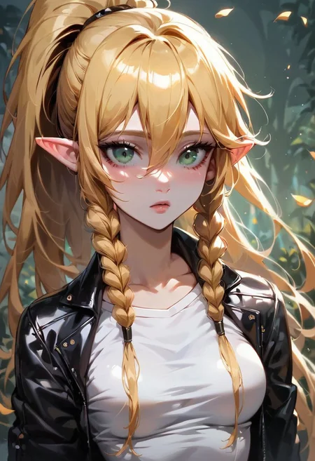 (masterpiece, best quality), 1girl, collarbone, {leafa, green eyes, blonde hair, ponytail, long hair, hair between eyes, bangs, twin braids, pointy ears,((later jacket,latex t-shirt))
score_9, score_8_up, score_8_up, layering, 1girl,  exposed, large soft breast, slender body, ultra detailed,(g0thicPXL:0.3), <lora:g0th1cPXL:0.3>, cover,  exaggerated proportions, long hairs , blond hair, medium breasts ,large elastic buttocks, round bubble ass,  (ultra wide angle shot:0.65), shallow depth of field, smooth skin texture, alluring curves, tasteful sensuality, softcore, Expressiveh