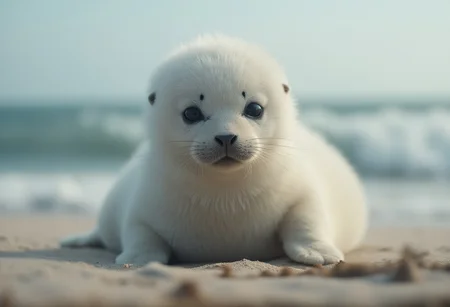 Cinematic, Beauty, Realism, Light and Shadow, Cinematography, Film Stills, Close-up, Hyperrealistic Portrait, "Close-up portrait of adorable baby harp seal, fluffy white fur, big dark eyes, cute little nose, whiskers, sitting on the beach. Soft focus with ocean in the background. Hyperrealistic, detailed fur texture, high quality nature photography style."