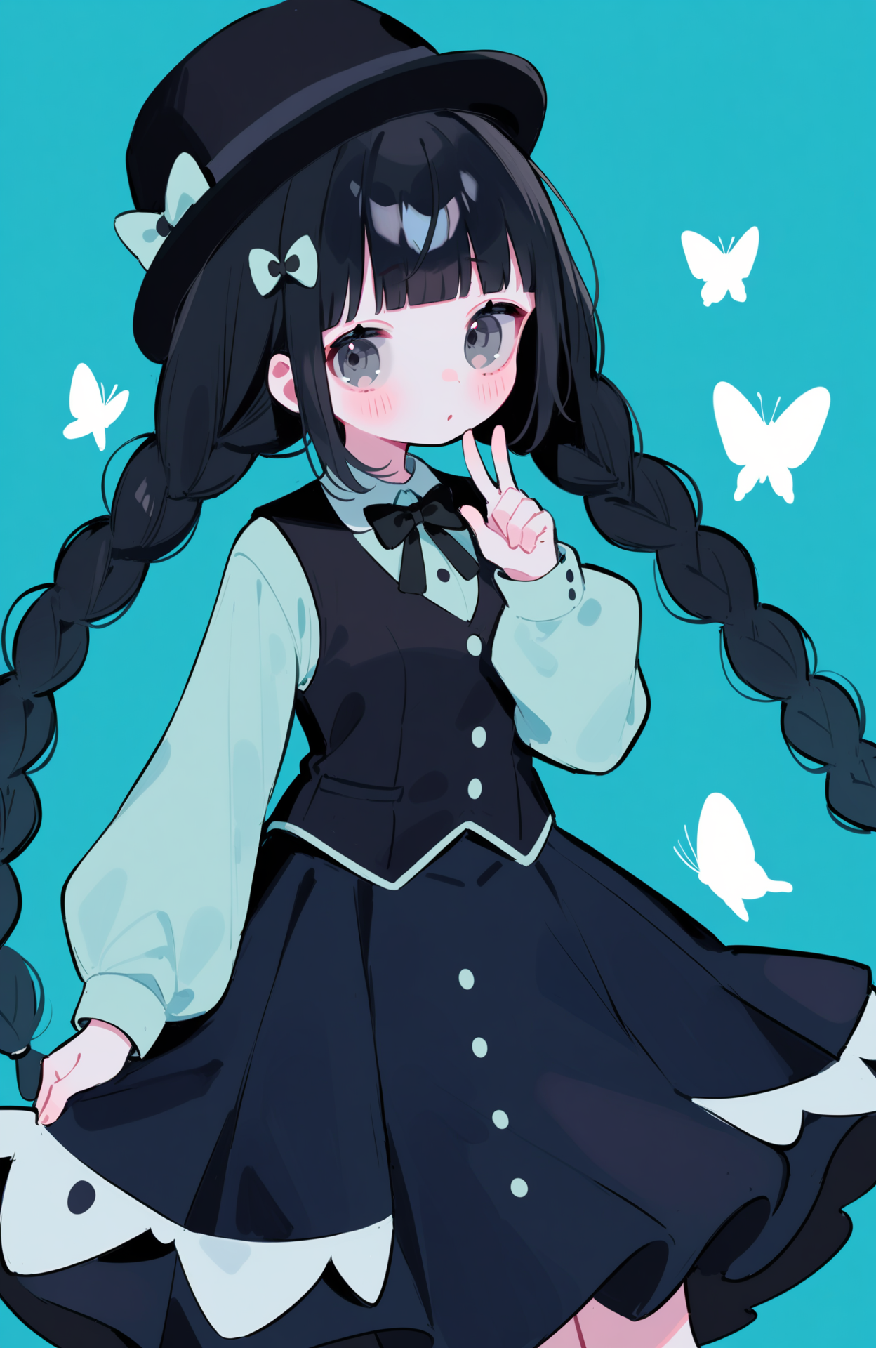 1girl,solo,long hair,hat,bow,bug,long sleeves,twin braids,blunt bangs,butterfly,hair bow,skirt,shirt,looking at viewer,grey eyes,braid,black headwear,black skirt,multiple hair bows,aqua background,blush,black bow,vest,very long hair,aqua theme,black hair,dress,blue background,buttons,
<lora:Lovely-000036:0.6>,