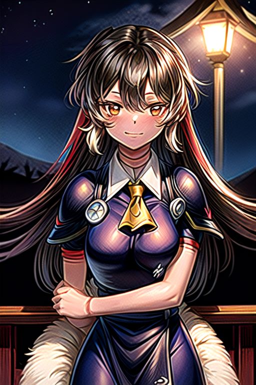best quality 1girl Setsun4 solo long hair,  (night time) forest background black hair very long hair purple eyes multicolored hair armor, small, (fur trim) (medium body),<lora:EMS-179-EMS:0.800000>,<lora:EMS-293862-EMS:0.800000> bow, hair_bow, hair_tubes, red_bow, brown_hair, long_hair, bangs, ascot, frilled_bow, yellow_ascot, blush, smile, hair_between_eyes, athletic, armor, miko, strengthmda,  Smiling, happy, M43 field cap