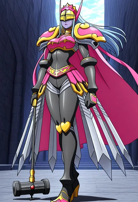 finetuneanime, anime screencap, official art, detailed anime, ultra detailed anime art, anime screencap, screencap, score_9, score_8_up, score_7_up, masterpiece, anime coloring, source_anime, Queen Chessmon, 1girl, armor, long hair, cape, black bodysuit, shoulder armor, colored skin, breastplate, bodysuit, (((large breasts, curvy, wide hips))), narrow waist, digimon \(creature\), high heels, weapon, silver-blue hair, helmet, pauldrons, grey skin, boobplate, heart, gloves, crown, boots, covered eyes, pink cape, full armor, parted lips, ((lipstick, purple lips)), belt, black gloves, spikes, waist cape, faulds, gauntlets, makeup, horns, jewelry, shoulder pads, mask, gold armor, bracelet, skin tight, armored skirt, swords on skirt, high heel boots
BREAK
Stable_Yogis_PDXL_Positives, fullbody shot, standing, (((side view))), ((1hand holding war hammer, holding weapon, war hammer)), posing, dynamic pose,