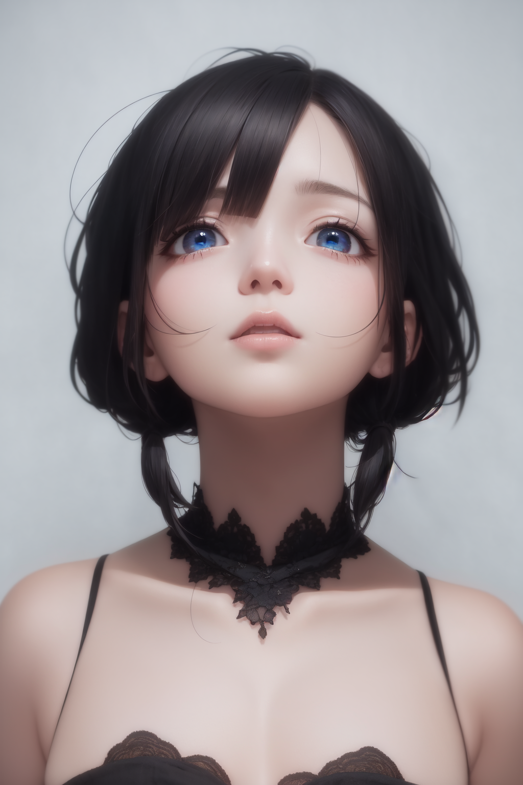 best quality, masterpiece,Black hair, blue eyes, looking up, upper body