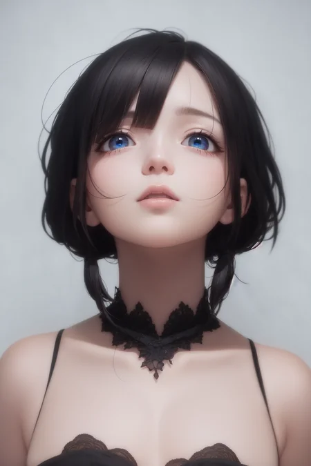 best quality, masterpiece,Black hair, blue eyes, looking up, upper body
