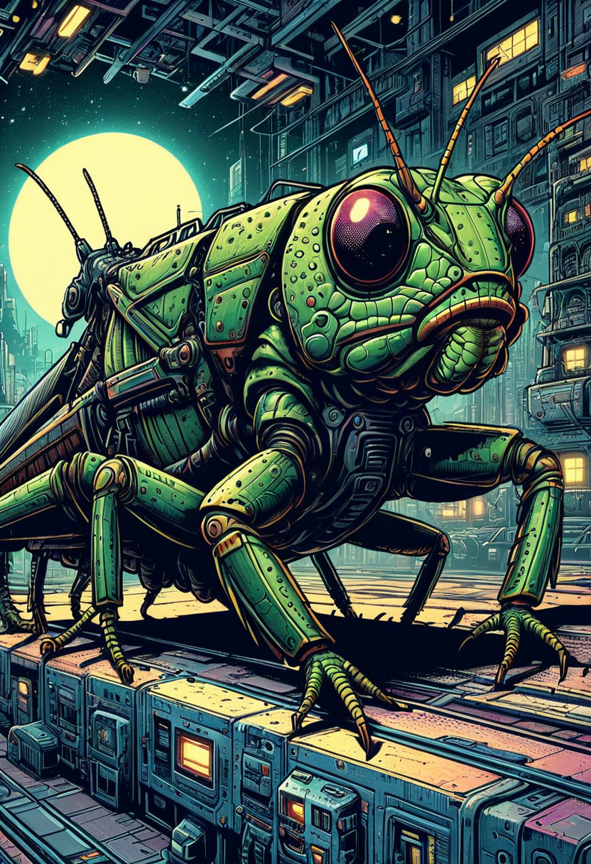 A Grasshopper, in a cyberpunk space setting, comic illustration, mobe-90c0m, <lora:RetFutCom-V1:0.85>,