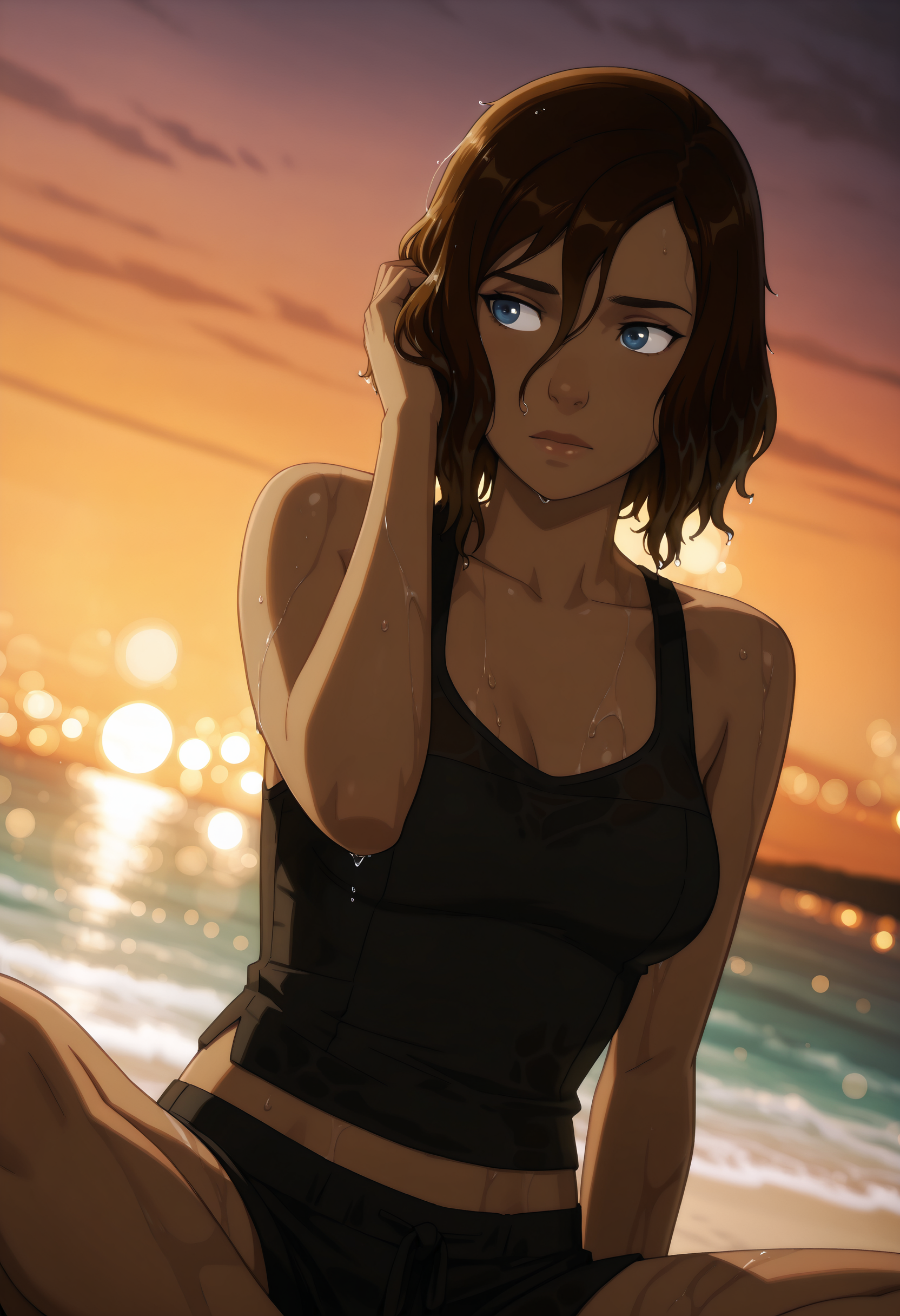  La_Ark_Helena, dark-skinned female, shoulder-length hair, wavy hair, brown hair, damp hair, tank-top, black tank-top, midriff, short, black shorts, barefoot, sitting, sitting at the beach, ocean, sparkling water, portrait, blue eyes, adjusting hair, (bokeh:1.4), blurry background, looking aside, frontview, upper body, wet hair, wet clothes, wet body, close-up, dutch angle, sunset