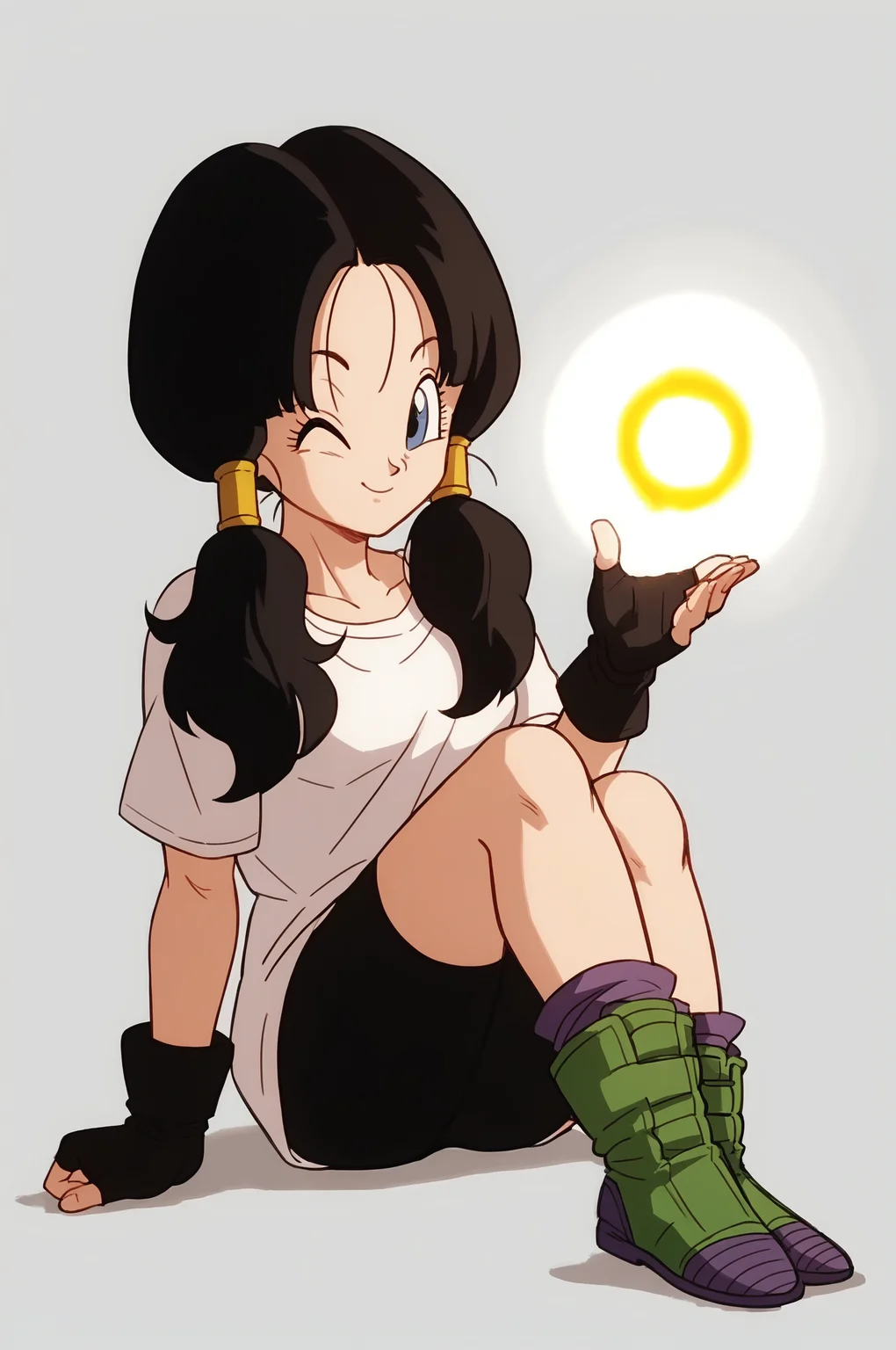 source_anime, score_9, score_8_up, score_7_up, anime screencap, absurdres,
videl, costume 1, official style, 1girl, solo, black hair, twintails, long hair, hair tubes, raised eyebrows, one eye closed, blue eyes, eyelashes, white long shirt, short sleeves, brown gloves, fingerless gloves, bike shorts, loose socks, purple legwear, ankle boots, multi tone footwear, green footwear, simple background, white background, hand on own leg, closed mouth, smile, happy, energy ball, looking at hand, crossed ankles, knees to chest, shoe soles, fingernails, sitting
<lora:Videl_v1:0.8>