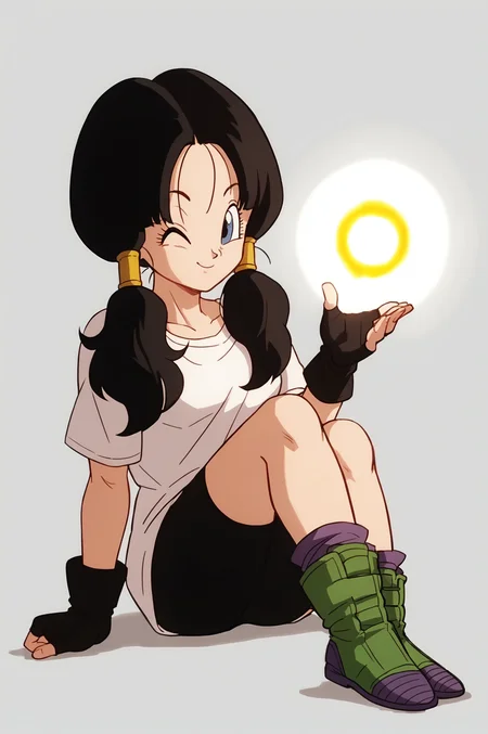 source_anime, score_9, score_8_up, score_7_up, anime screencap, absurdres,
videl, costume 1, official style, 1girl, solo, black hair, twintails, long hair, hair tubes, raised eyebrows, one eye closed, blue eyes, eyelashes, white long shirt, short sleeves, brown gloves, fingerless gloves, bike shorts, loose socks, purple legwear, ankle boots, multi tone footwear, green footwear, simple background, white background, hand on own leg, closed mouth, smile, happy, energy ball, looking at hand, crossed ankles, knees to chest, shoe soles, fingernails, sitting
<lora:Videl_v1:0.8>