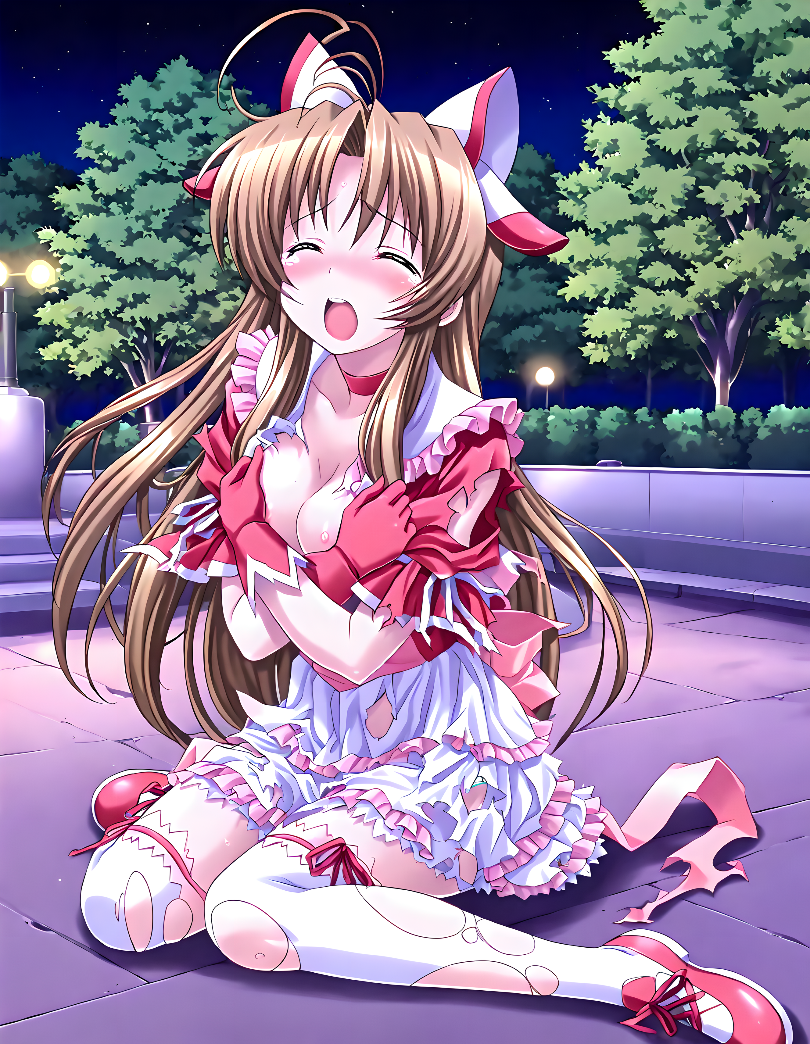<lora:illustrious_XL_sae:0.9>,sae,masterpiece,best quality,good quality,1girl,solo,dress,ribbon,gloves,frilled_skirt,white thighhighs,night,park,underwear,panties,torn clothes,cleavage,nipples,hands_on_own_chest,arms_crossed,wariza,closed eyes,open mouth,tears,blush,
