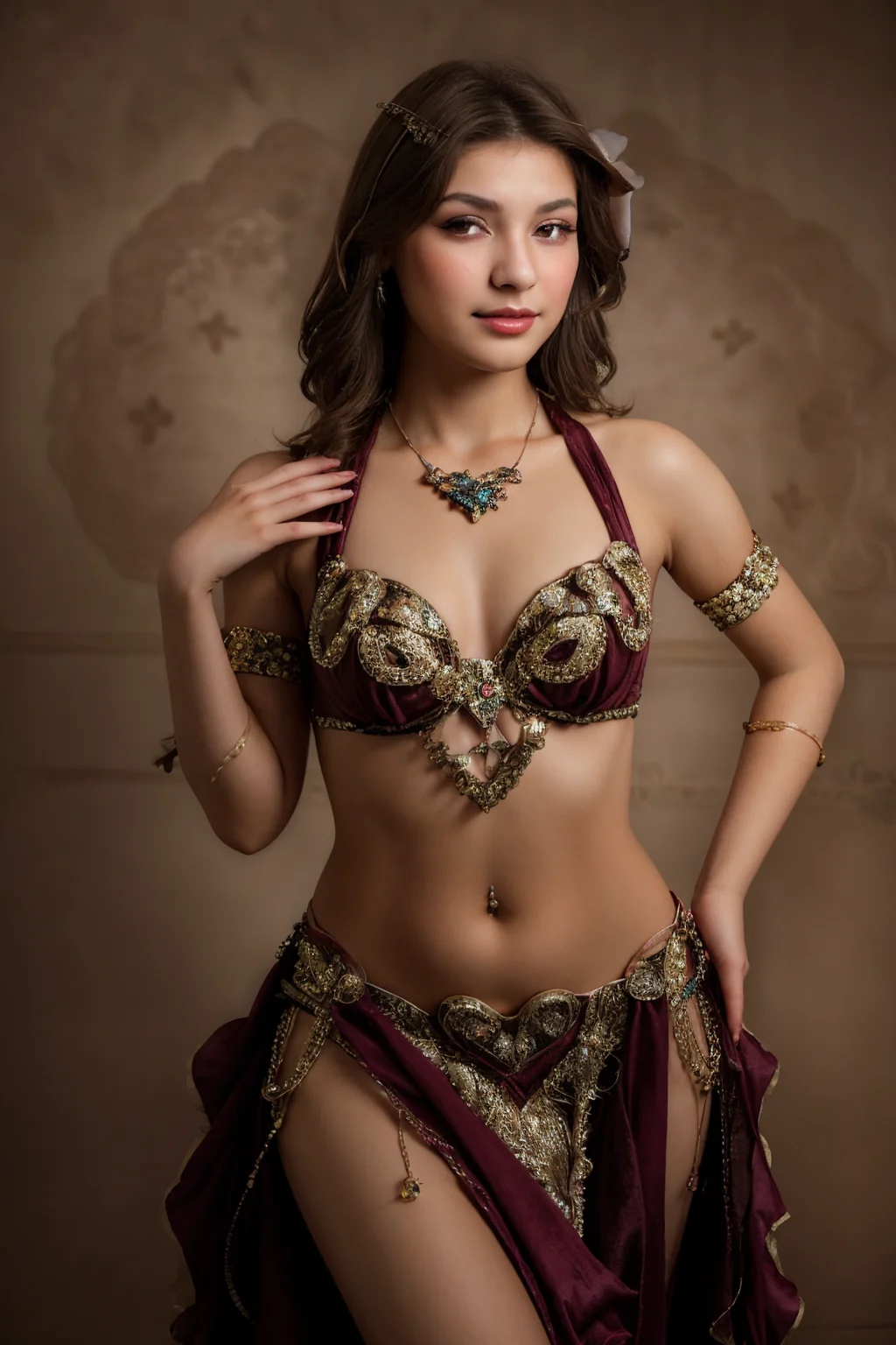 ((Glamour Portrait)),19 year old, woman, 1girl, solo, Dark Sand Brown bellydancer,  <lora:bellydancer-v1.0:1>