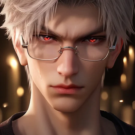 1boy, solo, male focus, toned male, Sylus_(Love_and_Deepspace), Sylus, Qinche, White hair, Red eyes, pale skin, detailed eyes, satisfaction, satisfied, neutral, detailed face, aura, intimidating, high quality, detailed quality, sweating, face only, heavy breathing from mouth, golden hour, beautiful light,
looking at viewer, front view, seductive, romantic, glasses,
rating PG, score_9,score_8_up,score_7_up, source_anime, male focus, Muscular, detailed eyebrow, sharp eyebrows,