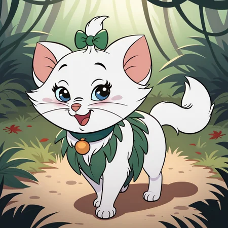score_9, score_8_up, score_7_up BREAK KittyMarie, 1girl, cat, white fur, blue eyes, pink nose, whiskers, tail, green hair bow, green leaves collar, full body, solo focus, alone, happy, tribal leaves clothing, grass dress, cartoon, source_cartoon, jungle outdoors, jungle background,