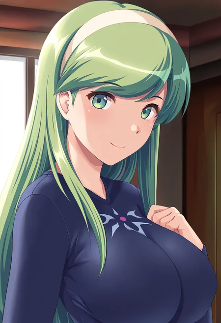 masterpiece, best quality, amazing quality, 1girl, solo, (portrait:1.2), mizukiww, green eyes, green hair, long hair, hairband, large breasts, dark blue athletic leotard, long sleeves, looking at viewer, smile, indoors, skindentation, detailed clothing folds, depth of field, sharp, high contrast, dynamic light <lora:Shintaisou_Shin_Nonohara_Mizuki_ill:0.9>