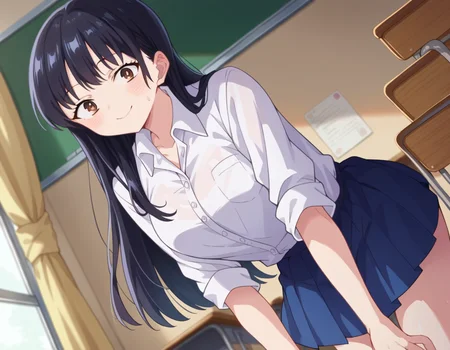 score_9, score_8_up, score_7_up, source_anime,
annayamada, <lora:anna-yamada-s2-ponyxl-lora-nochekaiser:1>,
anna yamada, long hair, bangs, black hair, brown eyes,
skirt, shirt, school uniform, white shirt, pleated skirt, collared shirt, sweatdrop, blue skirt, pocket, shirt tucked in,
indoors, classroom, smile, bent over,
looking at viewer, cowboy shot, dutch angle,