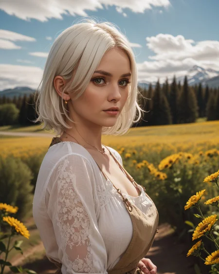 (Establishing shot:1.4), (Sn0frid_v1, white hair:1.3), medium bosom, (style of Dorothea Lange) rugged frontier homestead woman, 1800s Montana, linen blouse, long skirt, apron, practical sturdy boots, earthy tones, natural fibers, rustic charm, sepia-toned aesthetic, arid golden prairie, wooden cabin, wildflowers, cracked soil, farm tools, weathered textures, sun-dappled lighting, determined expression, confident pose, wind-tousled hair, (dramatic clouds:1.2), vast open landscape, vintage authenticity, pioneering spirit ,