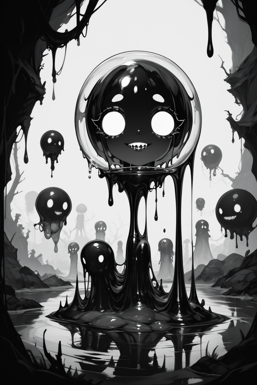 score_9, score_8_up, score_7_up, score_6_up, score_5_up, score_4_up, <lora:GRIM_v1:1>  greyscale, monochrome, limited palette, horror (theme), eldritch abomination, chaotic, silhouette,, <lora:wizardslimev15-t:1> wizardslimus, slime skin, transparent head, transparent body, transparent hair, transparent face, transparent, slime girl