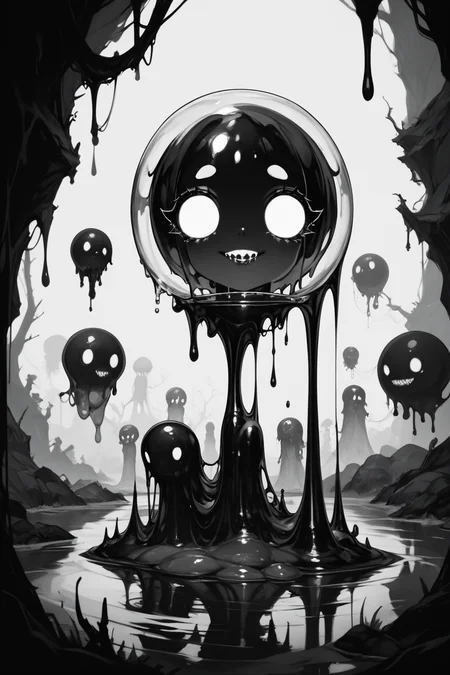 score_9, score_8_up, score_7_up, score_6_up, score_5_up, score_4_up, <lora:GRIM_v1:1> greyscale, monochrome, limited palette, horror (theme), eldritch abomination, chaotic, silhouette,, <lora:wizardslimev15-t:1> wizardslimus, slime skin, transparent head, transparent body, transparent hair, transparent face, transparent, slime girl