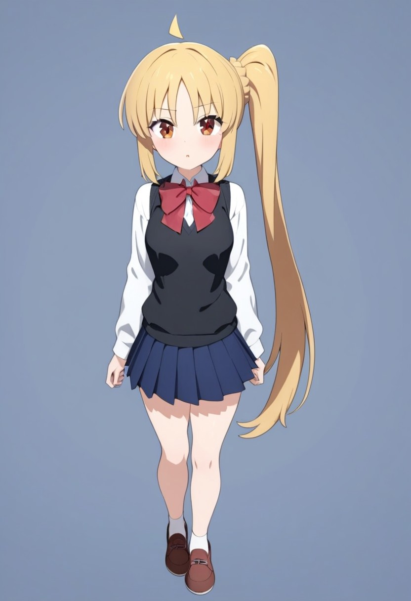 (masterpiece, best quality, amazing quality), anime, (1girl), full body, Ijichi_Nijika, red_eyes, blonde_hair, ahoge, long_hair, side_ponytail, small_breasts, black_vest, collared_shirt, white_shirt, long_sleeves, blue_skirt, pleated_skirt, red_bowtie, school_uniform, whitemold, 3d printed mold, art style, 3d printing