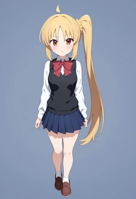 (masterpiece, best quality, amazing quality), anime, (1girl), full body, Ijichi_Nijika, red_eyes, blonde_hair, ahoge, long_hair, side_ponytail, small_breasts, black_vest, collared_shirt, white_shirt, long_sleeves, blue_skirt, pleated_skirt, red_bowtie, school_uniform, whitemold, 3d printed mold, art style, 3d printing